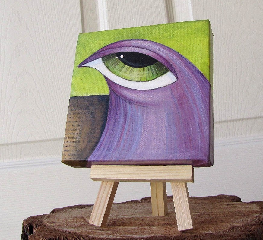 Mixed Media - Big Eyed Bird - Mini Canvas - Lavendar and Lime Green