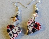 Handmade Beaded Earrings, Crazy Mod Hearts, Polymer Clay Glass