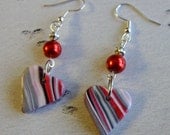Beaded Hearts Earrings, Striped Polymer Clay, Valentines, Glass Pearls