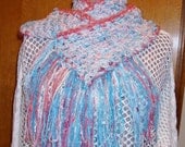 Cotton Candy Scarf, Handmade Crochet, Aqua White Rose, Soft like a Rag Rug, Cottage Chic
