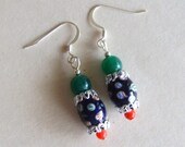 Vintage Bead Earrings,  Rescued Navy Glass, Silver Drop, Red Green, Candy Bright shades for Holidays