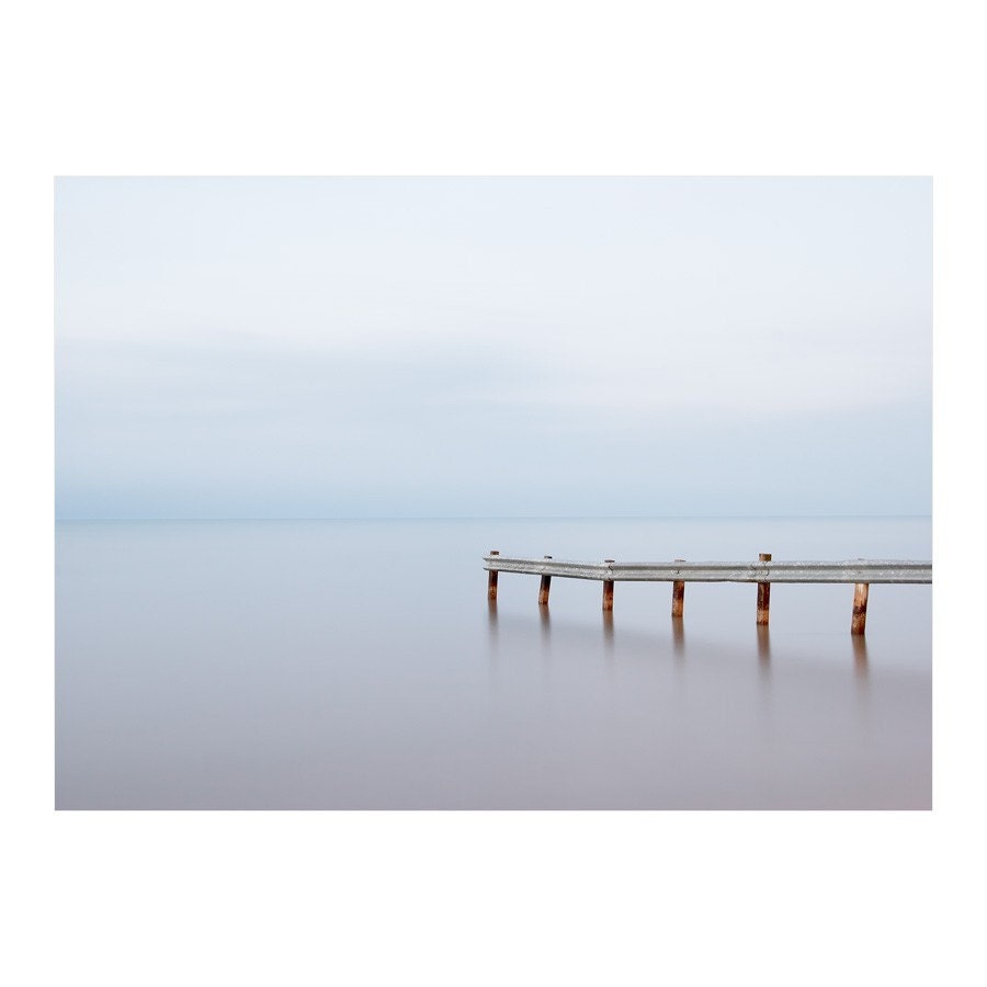 Seascape Photography - Peaceful, Blue, Art, Guardrail, Lake Huron, Minimalist Landscape Photo - Ipperwash 1 8x10