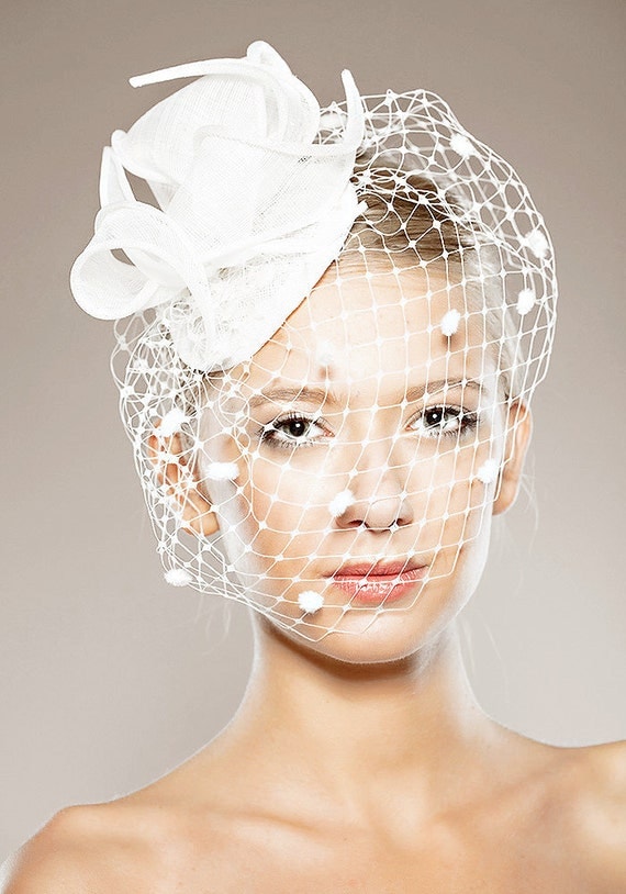 Free-Shipping-Bridal-Cocktail-Hat-Off-White-Fascinator-Head-Piece-Summer-Wedding-Handmade-Comb-Spotted-Birdcage-Veil-French-Veiling