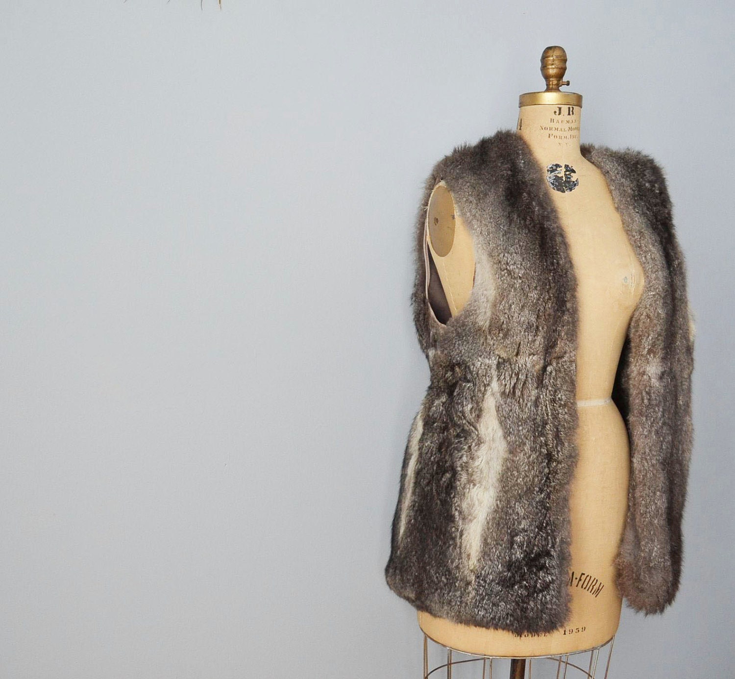 grey opossum fur vest coat jacket L XL