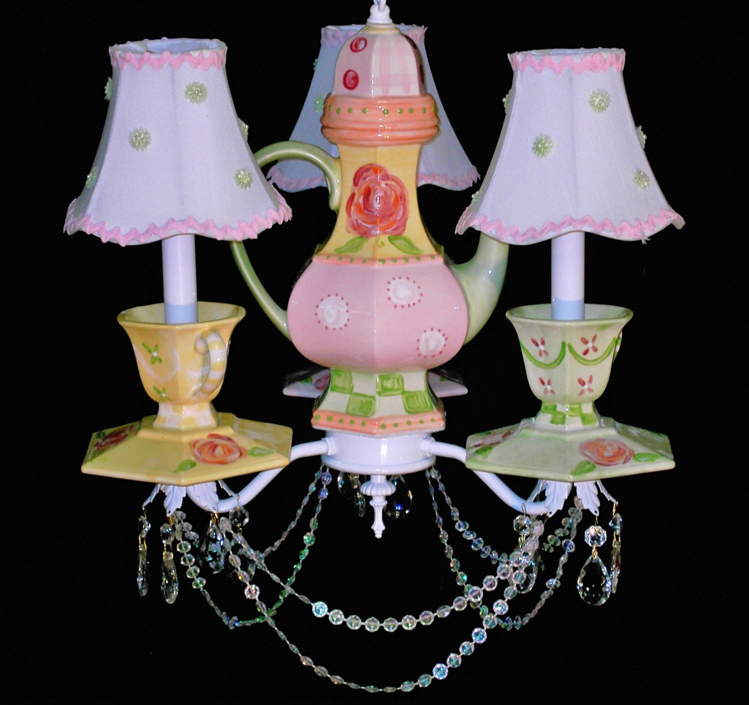 Teapot Tea Cups and Saucers Chandelier Shabby Cottage