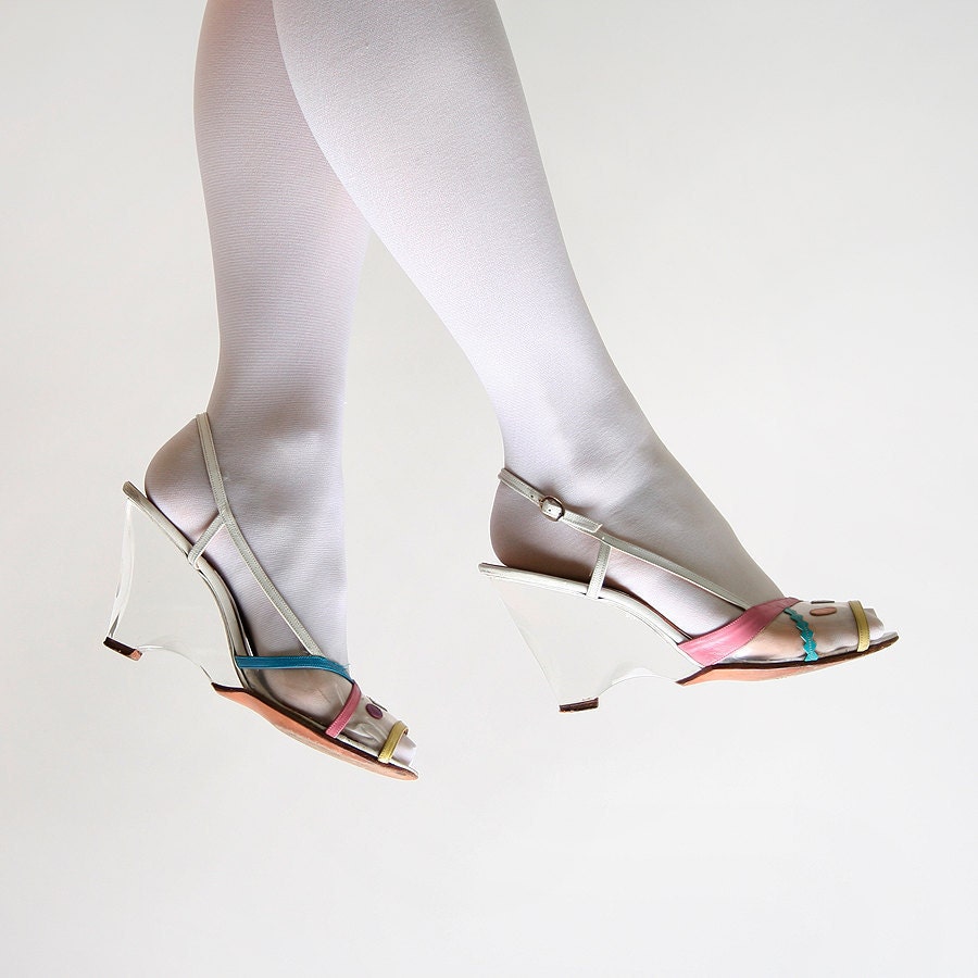 Vintage Clear Wedges - 1980s Jack Rogers White Lucite Heels - Size US 9 - zwzzy