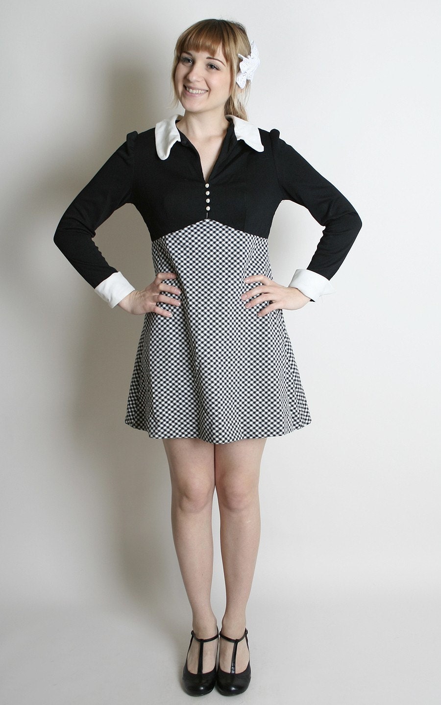 RESERVED - Wednesday Addams Dress Vintage Black White Checkered Mini Dolly 1970s Medium