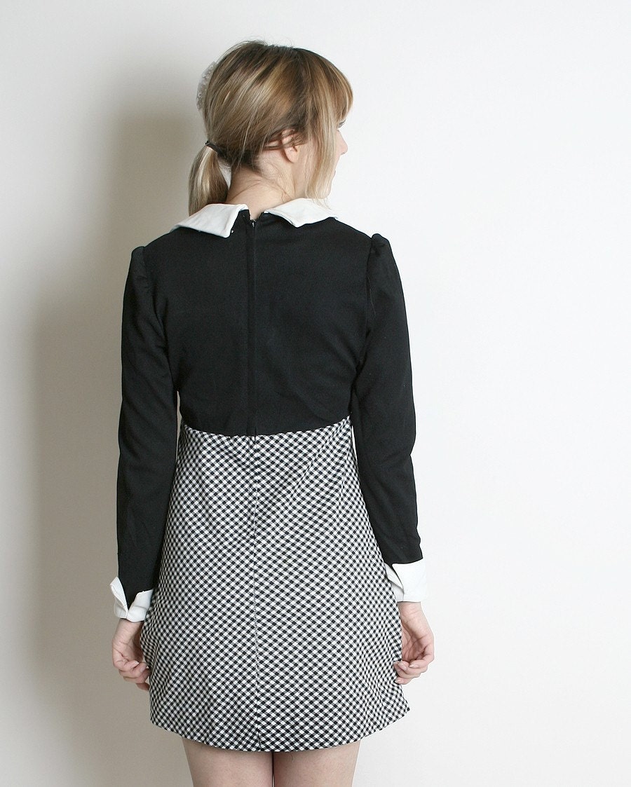 RESERVED - Wednesday Addams Dress Vintage Black White Checkered Mini Dolly 1970s Medium