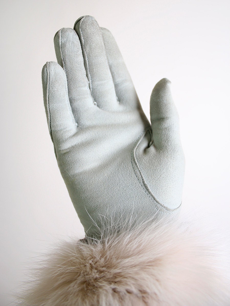Doctor Zhivago Vintage Mint Green Long Fur Gloves - Light Cream Brown