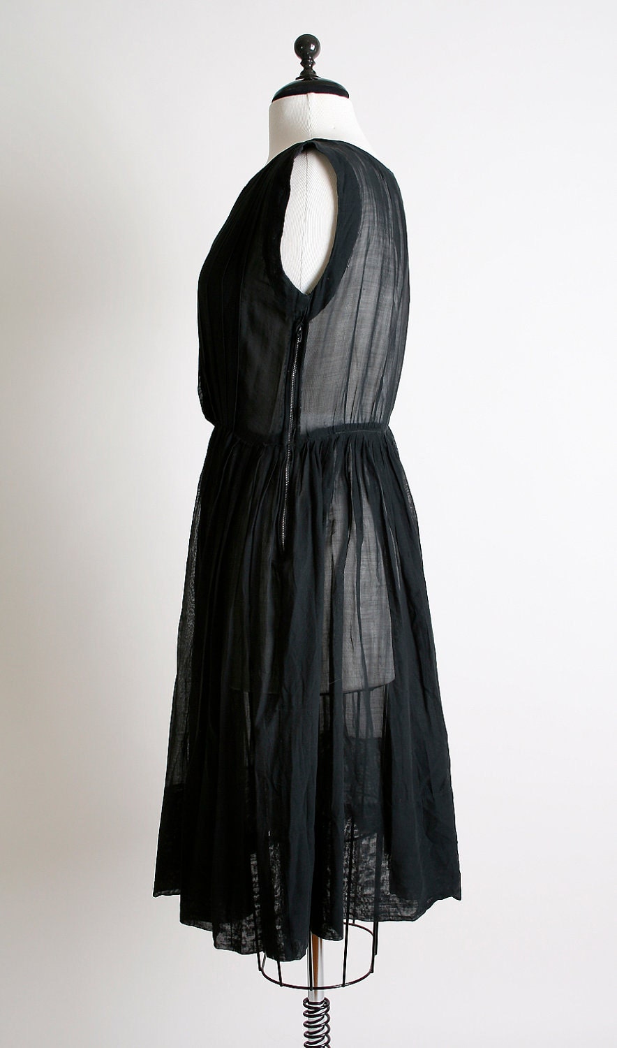 Vintage 1950s Dress - Sheer Black Pleated Day Dress - Small to Medium