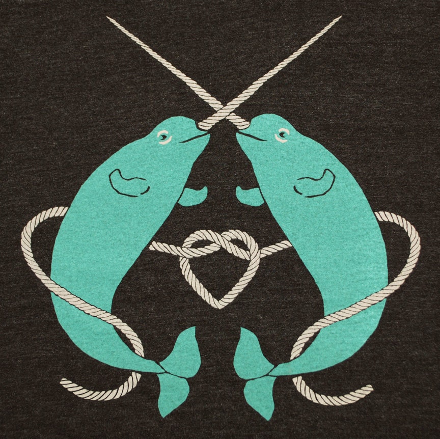 Narwhals - Unisex Mens T-shirt Nautical Dolphin Narwhal Tee Shirt Whale Turquoise Cute Unicorn Love Heart Charcoal Gray Tri Black Tshirt