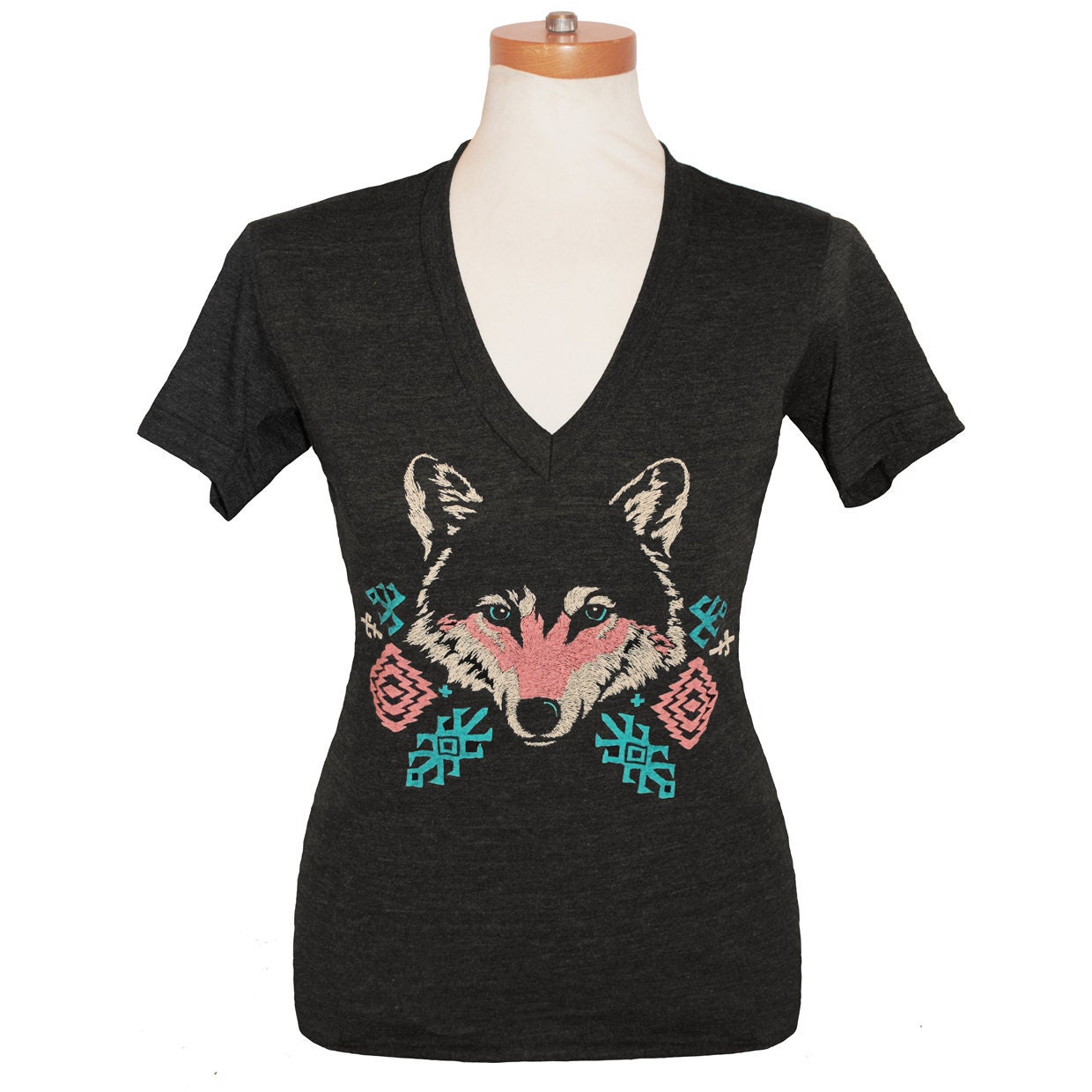 Wolf - V-neck T-shirt Tee Shirt Navajo Native American Indian Geometric Tribal Print Pattern Vneck Turquoise Blue Charcoal Tri Black Tshirt