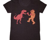 Dinosaur vs Robot - Women's Scoop Neck Baby Doll Tee Shirt Tshirt Vintage Retro Awesome Dino Trex T-Rex Boxing Charcoal Tri Black T-Shirt