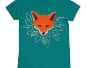 Fox - Womens Girls T-shirt Track Tee Shirt Tri Blend Cute Fantastic Mr Fox Orange Emerald Green Forest Wolf Leaves Tree Evergreen Tshirt