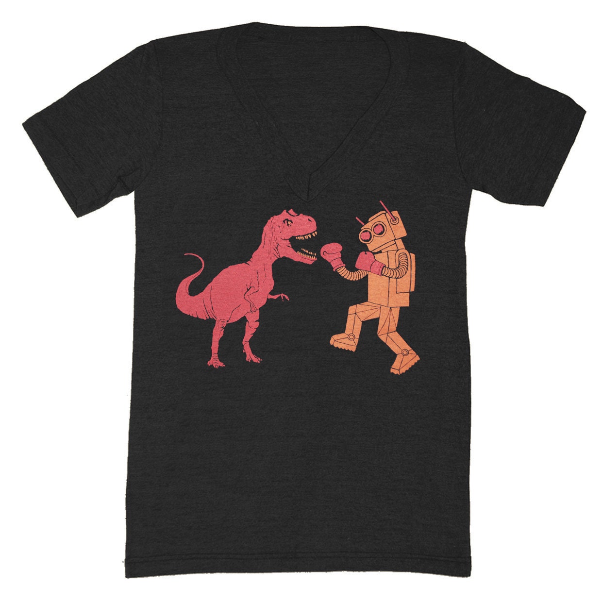 Dino vs Robot - V-neck T-shirt Awesome Funny Humor Cool SciFi Trex Boxing Dinosaur Geek Retro Tee Shirt Monster Tshirt Charcoal Black Vneck