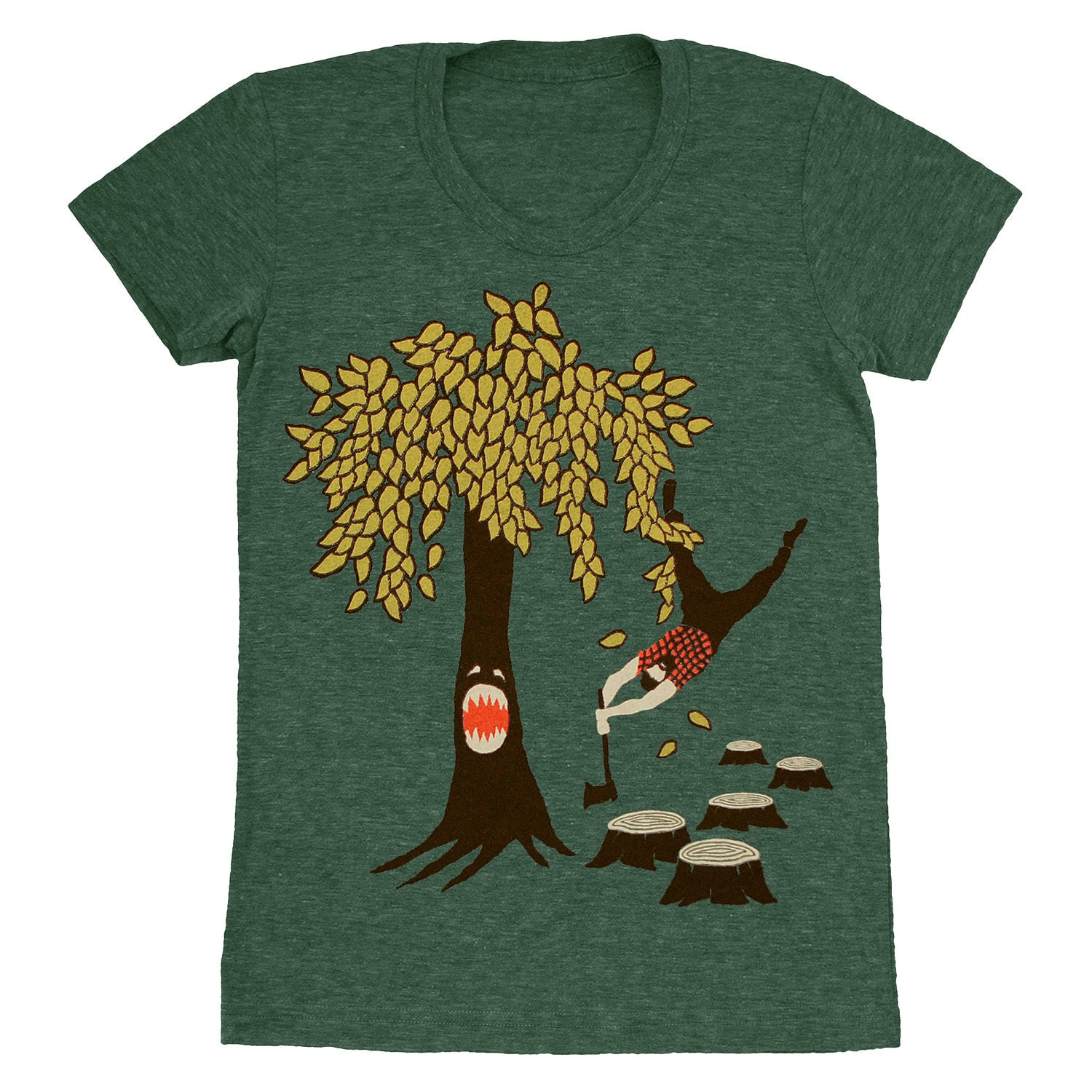 Tree vs Lumberjack - Womens Girls T-Shirt Tee Shirt Forest Plaid Beard Flannel Woods Revenge Mustache Axe Nature Woodland Funny Green Tshirt