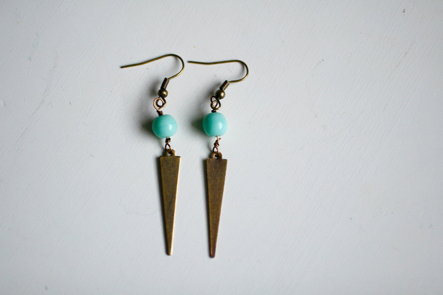 Tribal Vintage Mint Spear Earrings - Vintage Glass Bead - Vintage Oxidized Brass