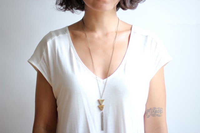 Brown Jasper Triangle Necklace with Tassel - Vintage Oxidized Brass Chain
