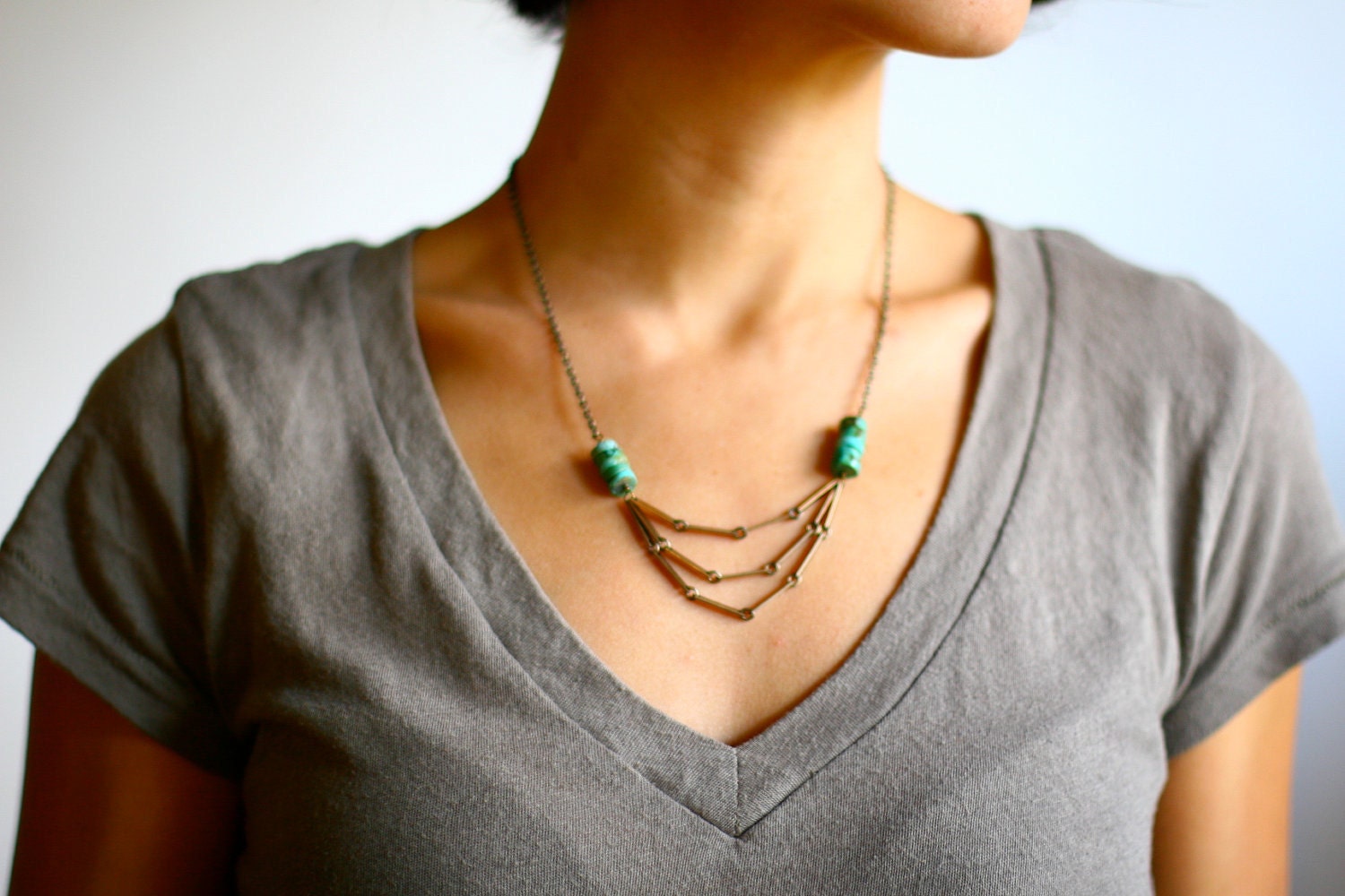 Turquoise Bead Vintage Layered Chain Necklace - Vintage Oxidized Brass Chain