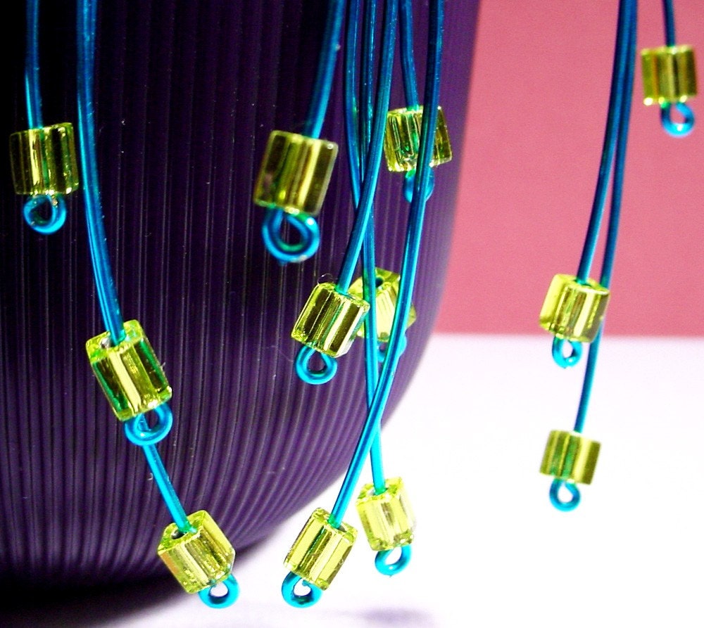 Electric Blue and Lime Cube Fireworks Earrings