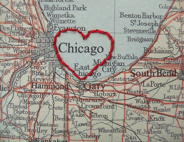 I Heart Chicago - embroidered vintage map