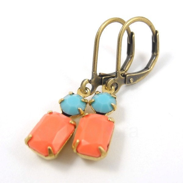 Coral Aqua Dangle Earrings - Turquoise and Coral Dangle Earrings - Coral Jewelry
