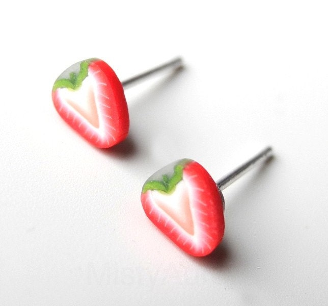 Strawberry Earring Studs - Tiny Strawberry Posts - Red White Green - Summer Fruit
