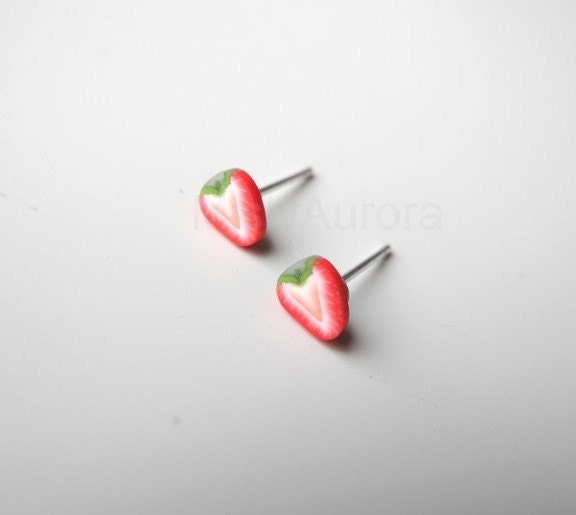 Strawberry Earring Studs - Tiny Strawberry Posts - Red White Green - Summer Fruit
