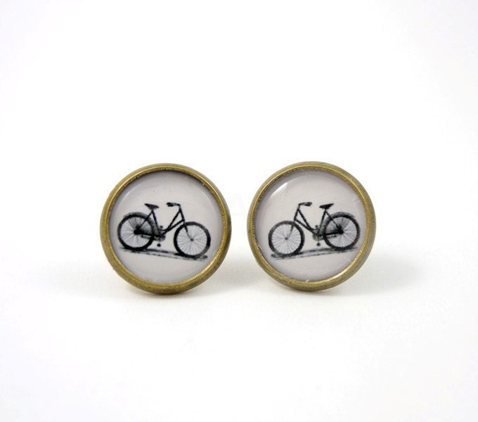 Bicycle Stud Earrings - Bike Earring Posts - Bicycle Jewelry - Black White Earrings