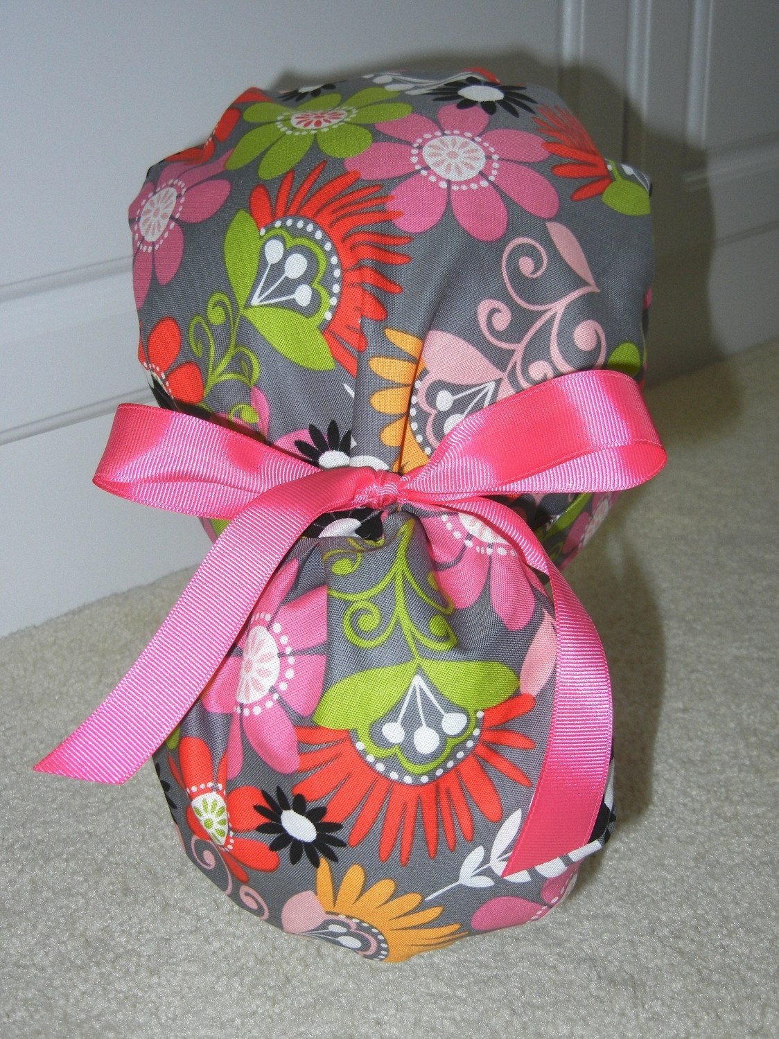 Turn Up Ponytail Scrub Hat with Bright Floral on Gray