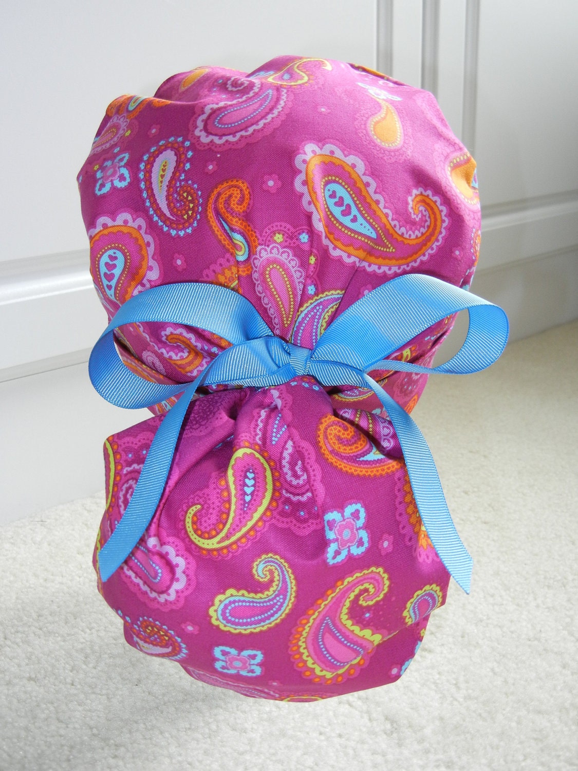 Turn Up Ponytail Scrub Hat with Raspberry Paisley