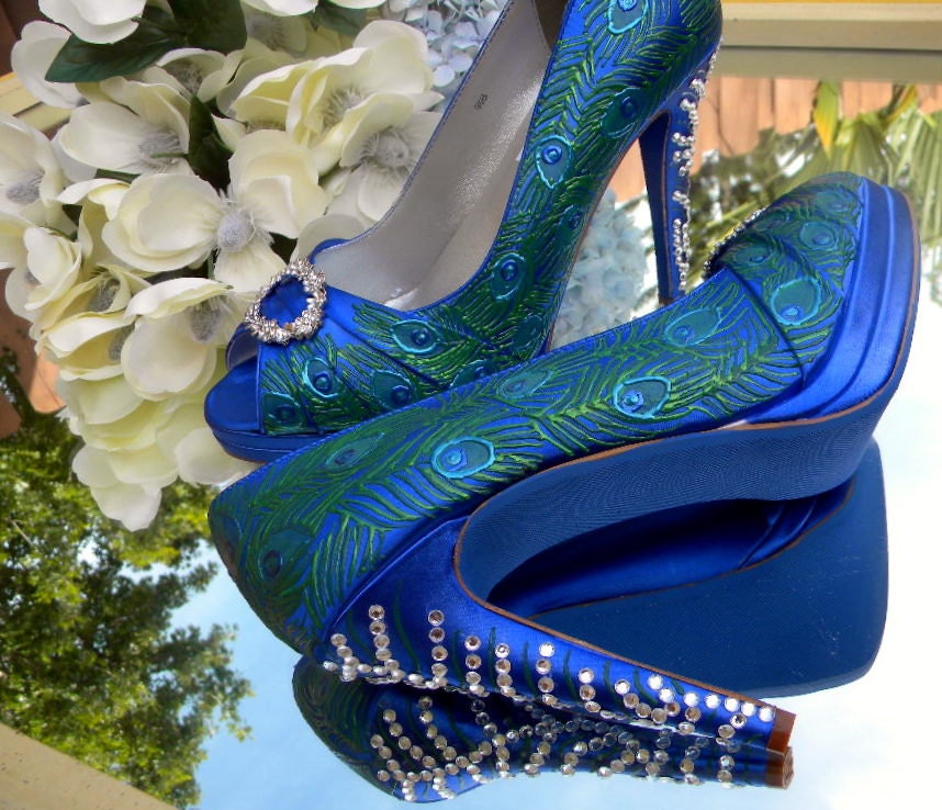 Wedding Shoes Peacock feathers and crystals blue soles
