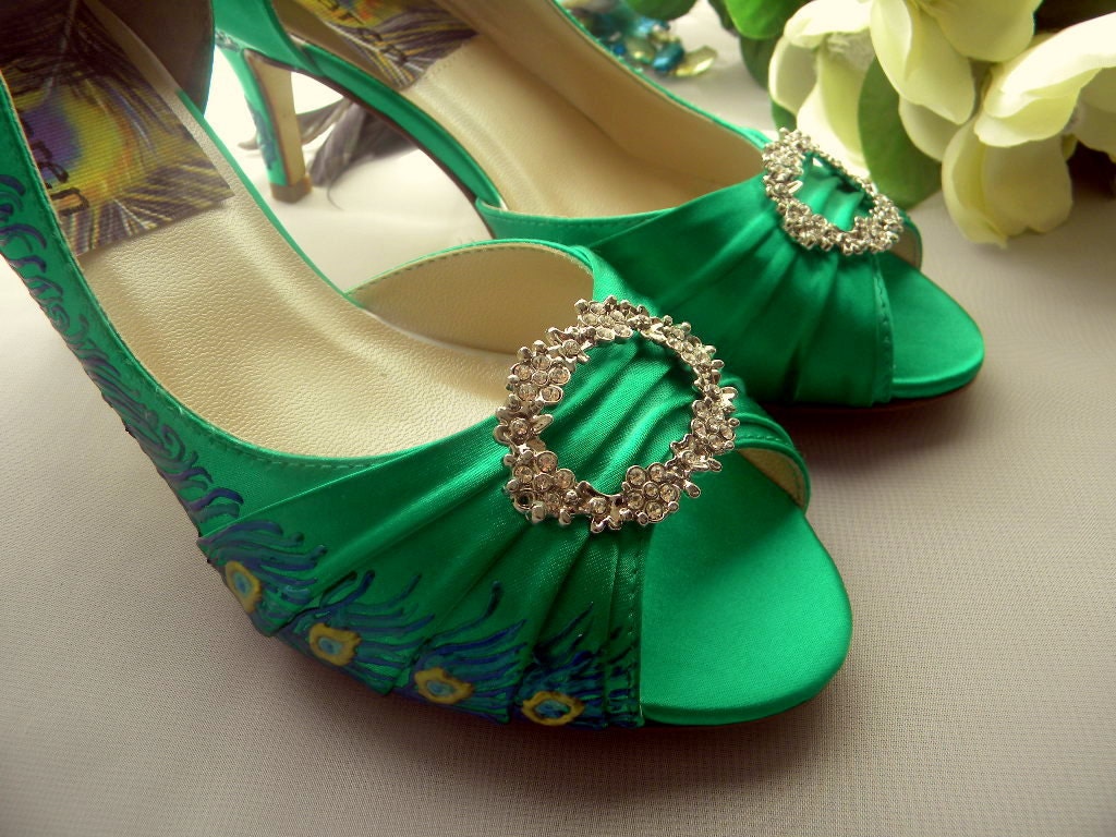 Wedding Shoes painted Emerald Peacock Feather Sale Brooch Valeria