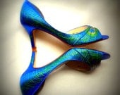Wedding Shoes peacock feather painted deep blue Sale Feathered" medium heel Esther something blue bridal