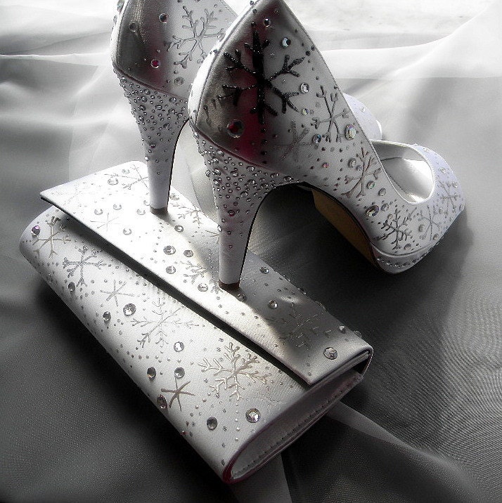 Wedding Shoes and purse painted snowflakes White  Winter Wedding