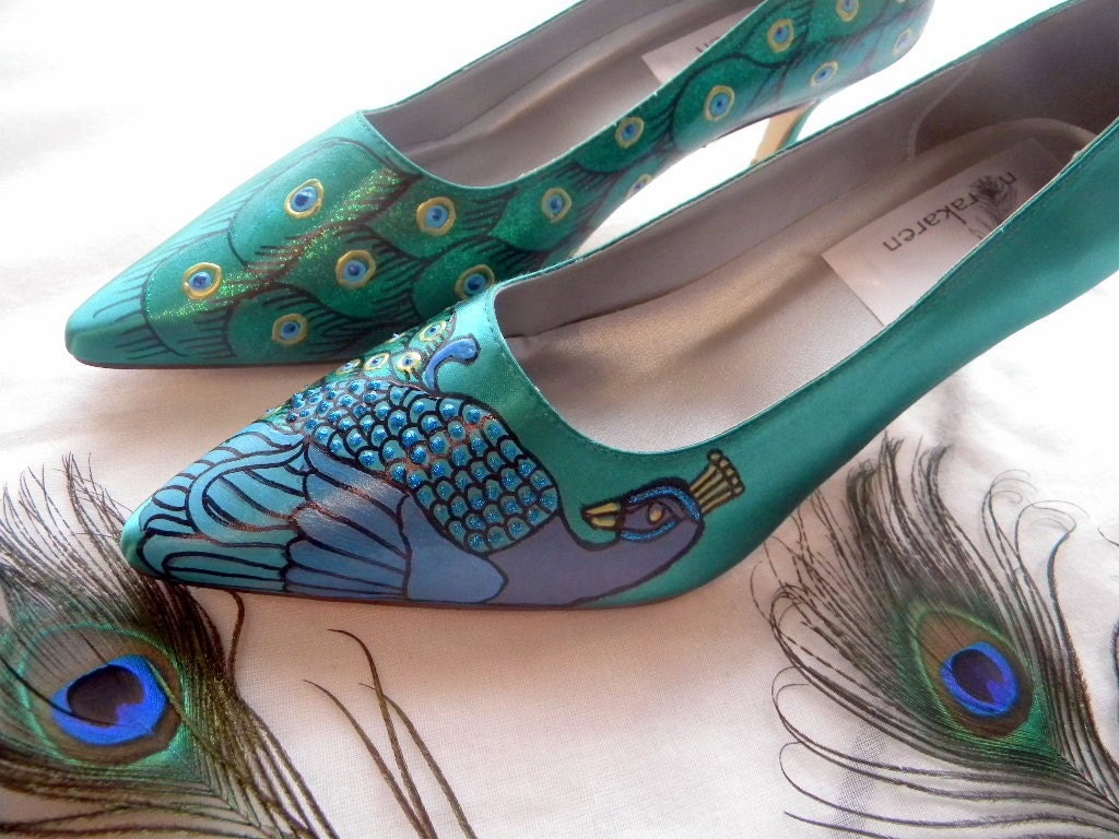 Wedding Shoes painted peacocks teal low heel pumps