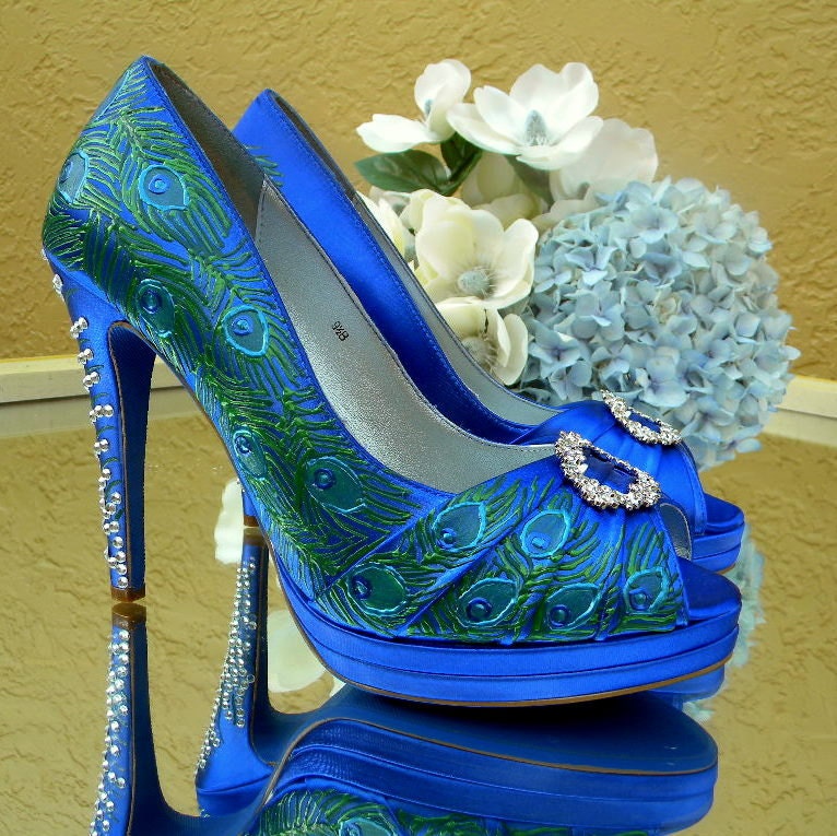 Wedding Shoes Peacock feathers and crystals blue soles