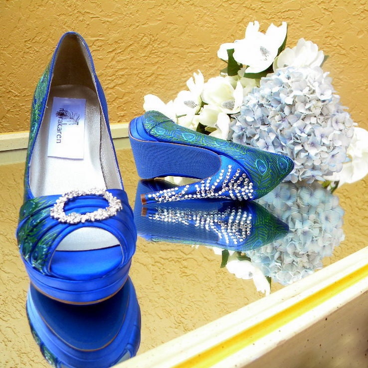 Wedding Shoes Peacock feathers and crystals blue soles