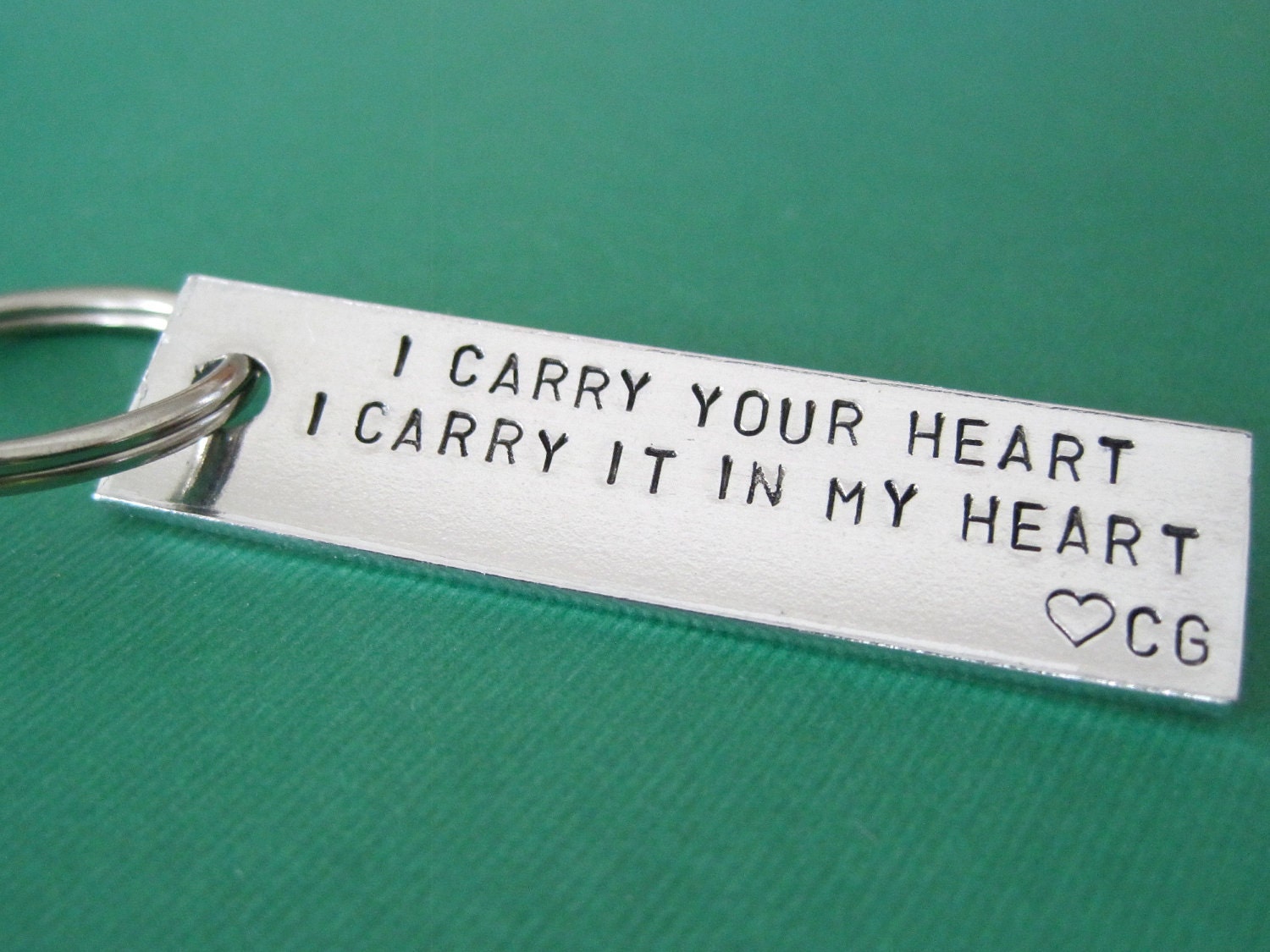 Personalized Keychain - I Carry your heart, I Carry it in my Heart - Initials Signature - Hand stamped Key Chain Accessory