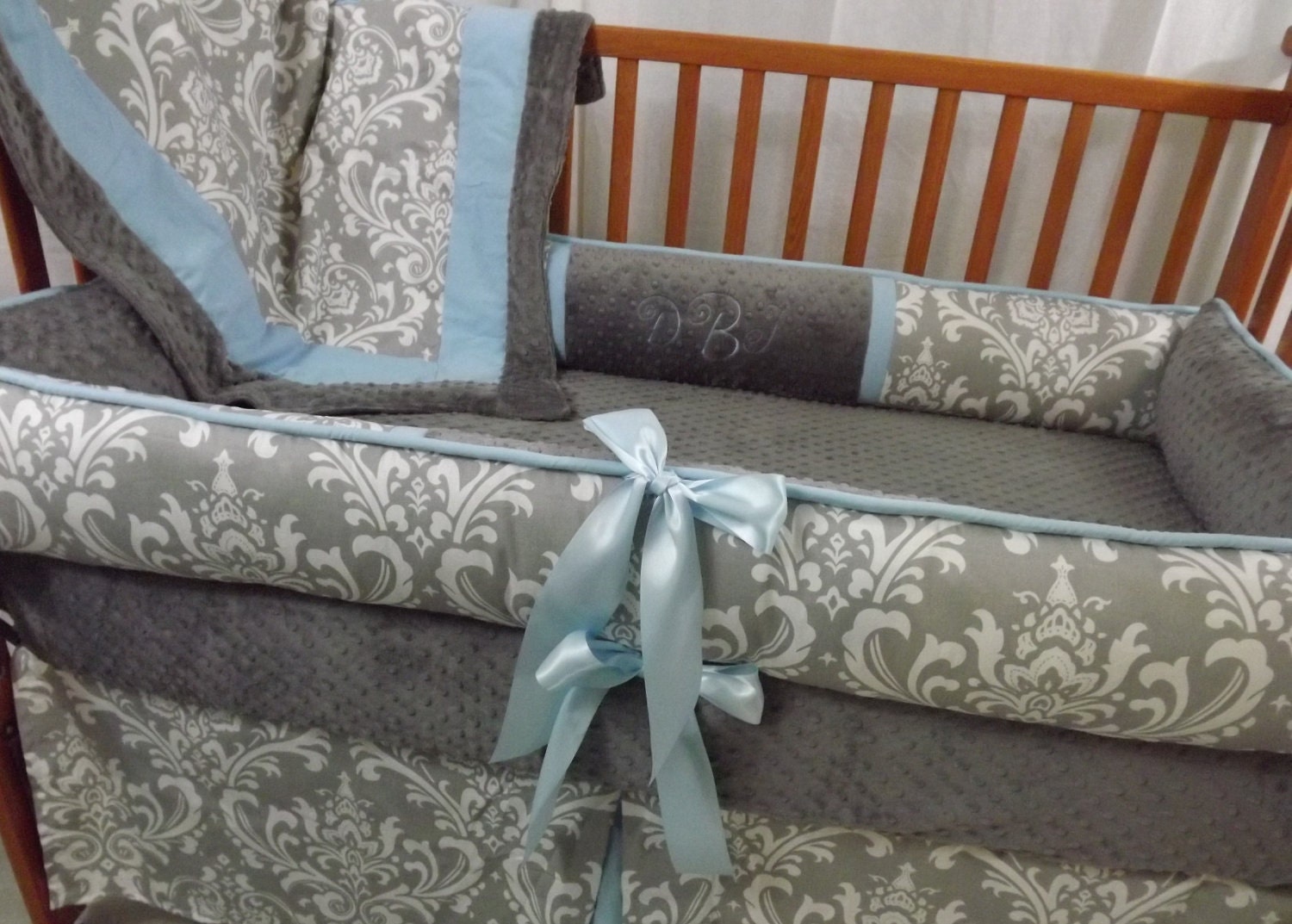 Custom Grey Damask with Accent YOUR CHOICE 4-Piece Complete Boutique Crib Nursery Bedding Set