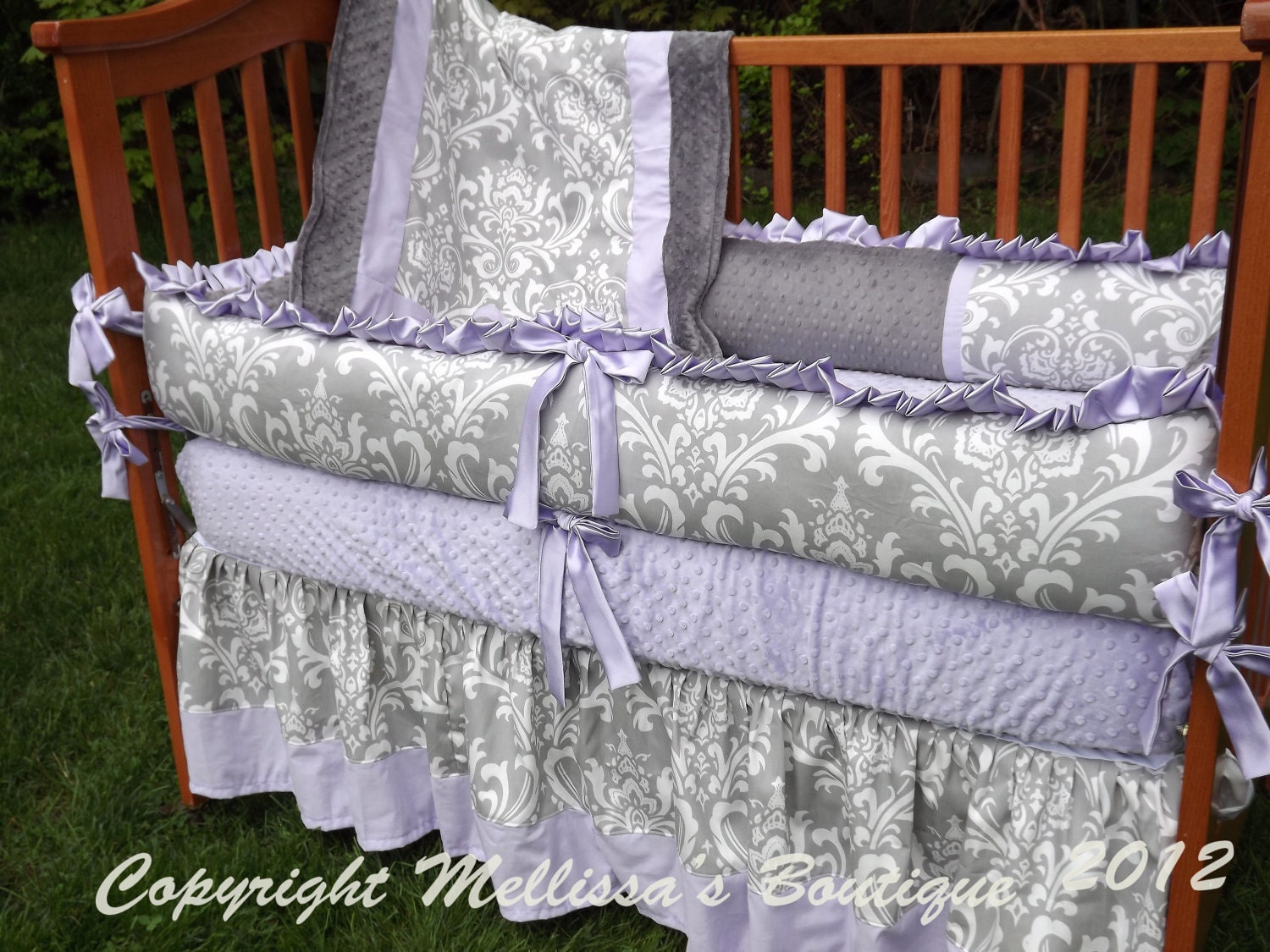 Custom Grey Damask with Accent YOUR CHOICE 4-Piece Complete Boutique Crib Nursery Bedding Set