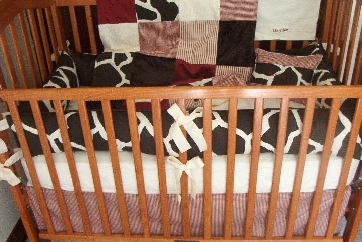 Custom Boutique Nursery Complete 3-Piece Crib Dark Red and Brown Giraffe Bedding