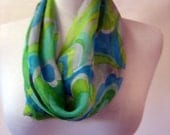 Vintage Green Silk Cowl Scarf Mod Floral Chiffon - FREE Shipping