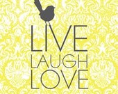 Live, Laugh, Love in Yellow and Gray on Damask Art Print 8x10