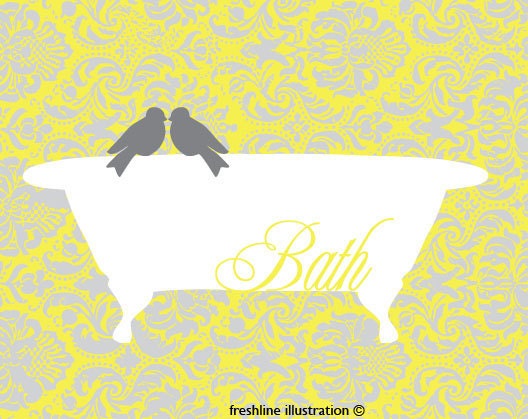 Yellow and Gray Art - Bathroom Art Decor - Love Bird on Bathtub 10x8 Art Print