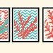 Modern Coral and Seahorse on Chevron - Coral and Turquoise - Three 8x10 Art Prints