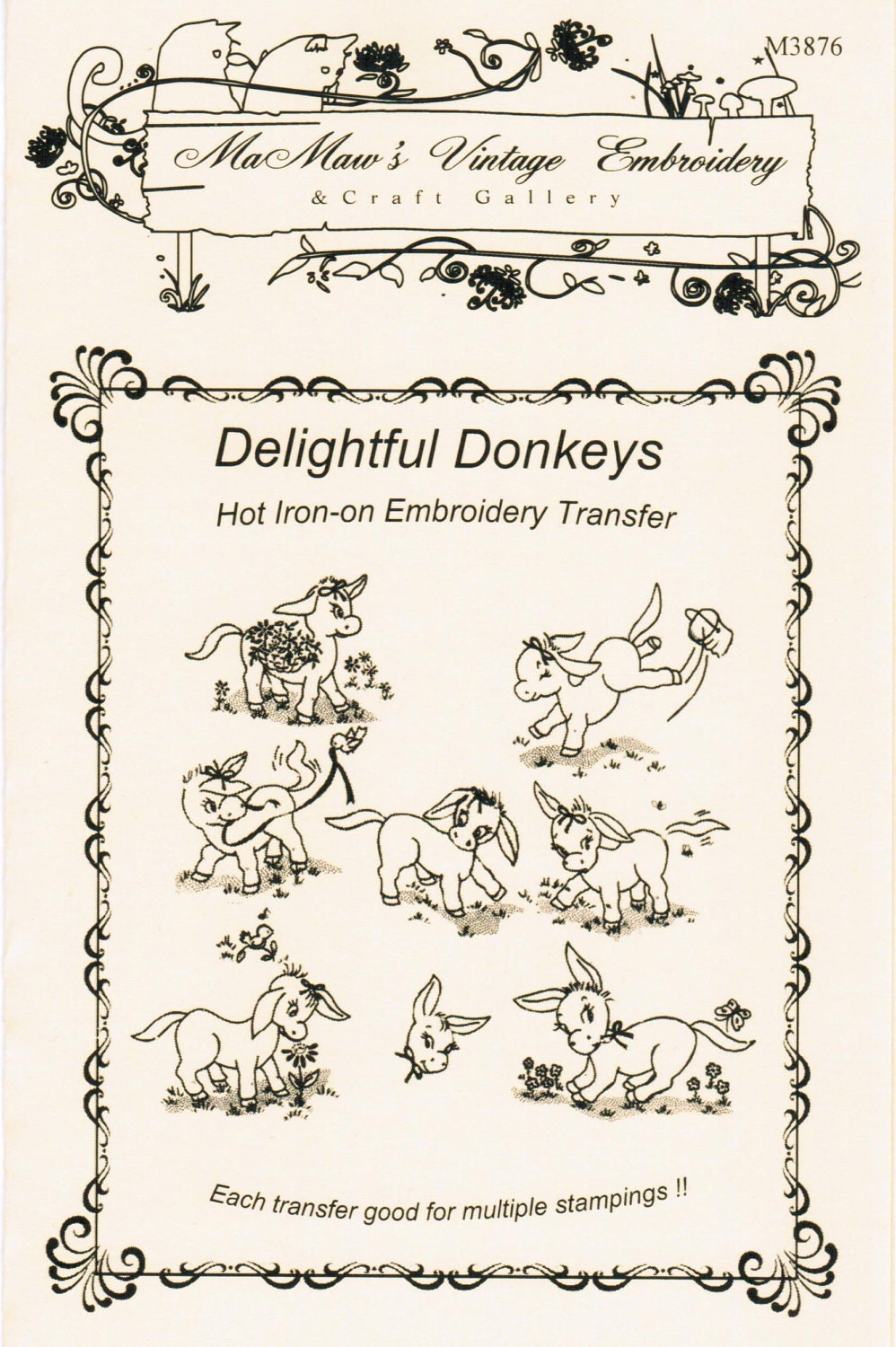 Vintage Donkey Towel Embroidery heat transfer pattern.