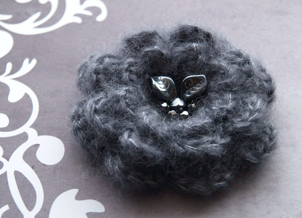 Crochet flower brooch in smokey grey and charcoal - fall flower
