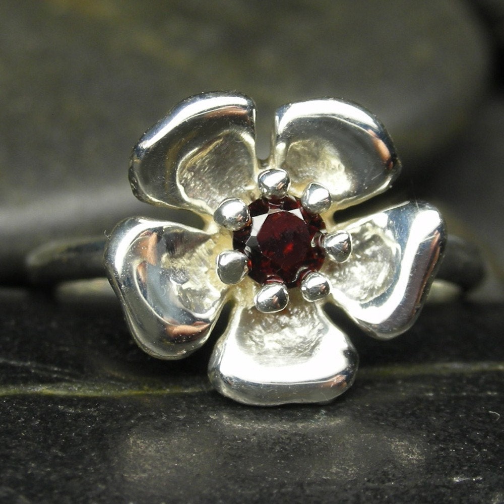 Sterling silver sakura flower ring with natural red faceted Garnet gem