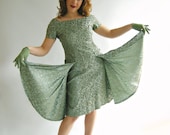 Sage Green Brocade Vintage 1950s Cocktail Dress with Flyaway Panels Fitted Wiggle Bombshell M - empressjade